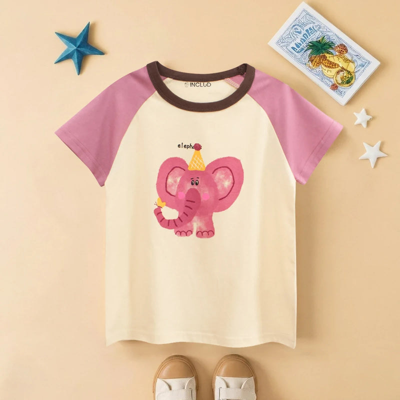 Girls Cream Elephant Print Raglan Sleeve T-Shirt Tshirts Cream 1-2 Y