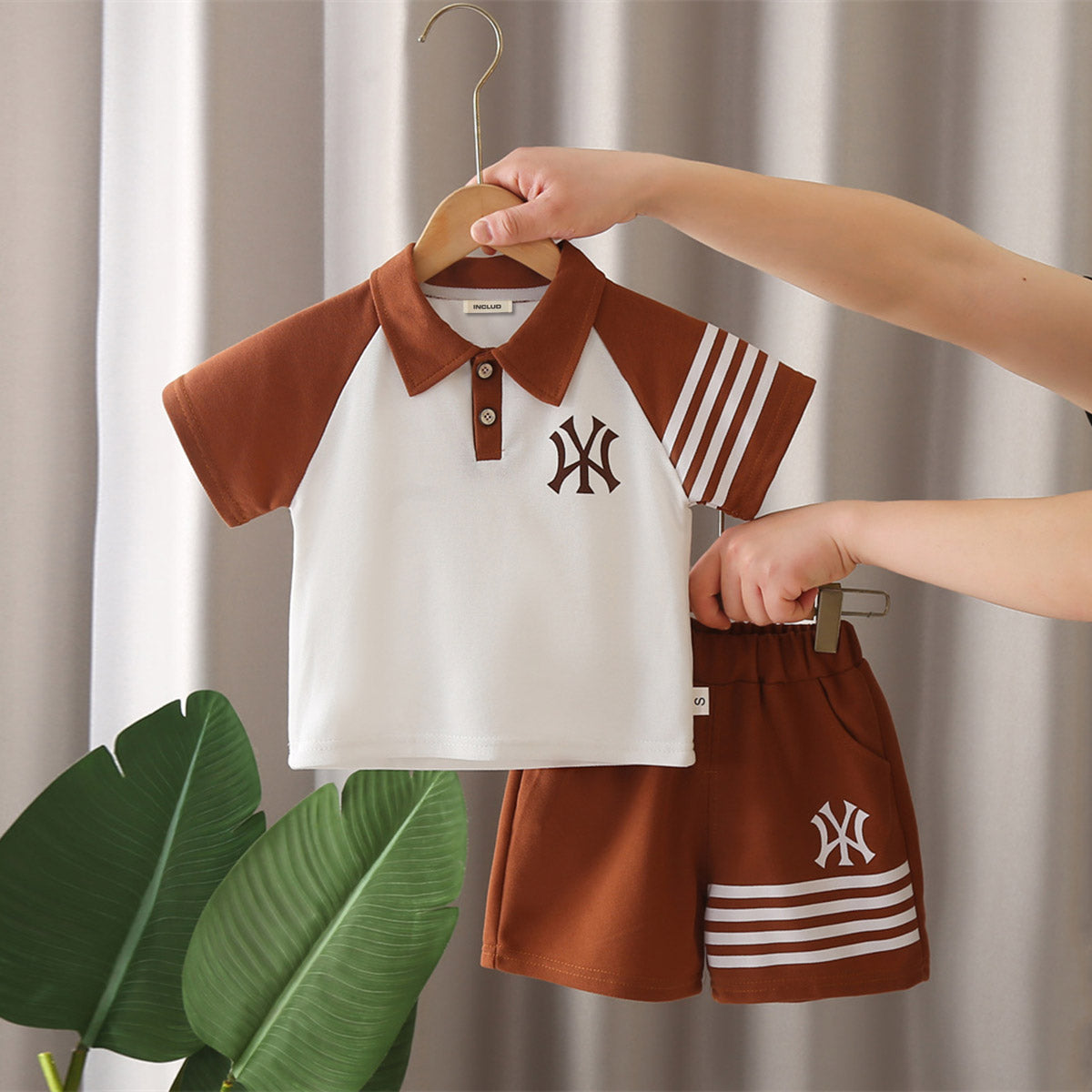 Boys Brown Side Striped Polo T-shirt with Shorts Set Sets Brown 1-2 Y