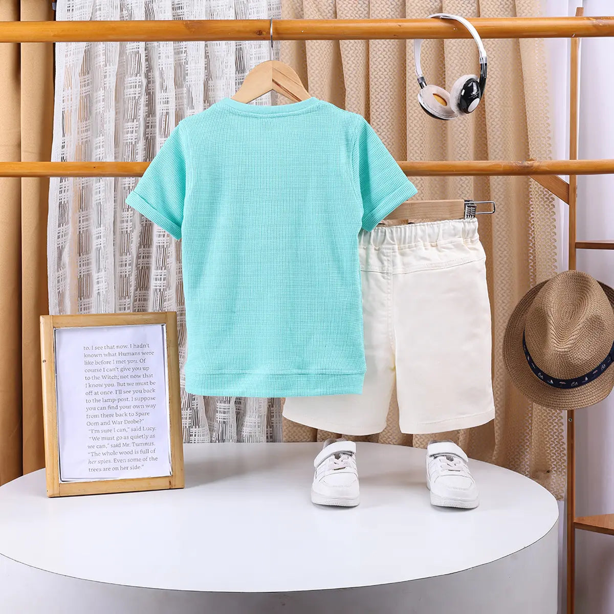 Boys Sea Green Typographic Printed Short Sleeve T-shirts With Elasticated Shorts Sets Sets