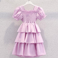 Girls Puff Sleeves Elasticated Smocking Tiered Dress Casual Dresses Purple 4-5 Y 