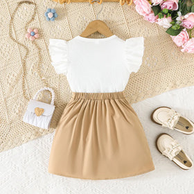 Girls Khaki Bow Applique Top With Elasticated Skirts Sets 2 pc. Sets