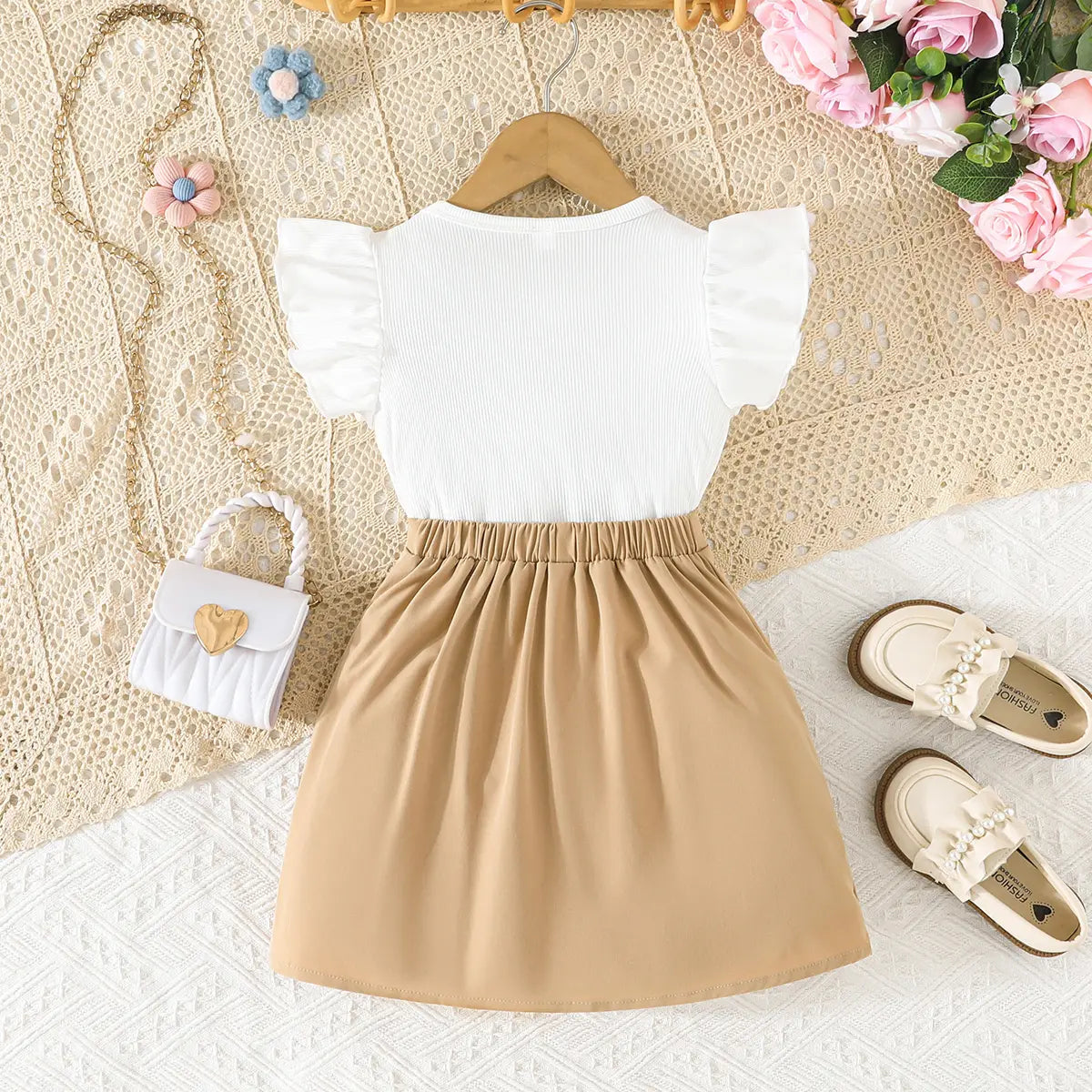 Girls Khaki Bow Applique Top With Elasticated Skirts Sets 2 pc. Sets