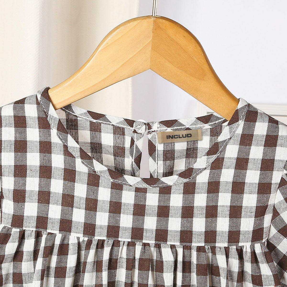 Girls Brown Gingham Checked Short Sleeves Dress Casual Dresses