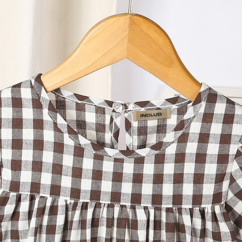 Girls Brown Gingham Checked Short Sleeves Dress Casual Dresses