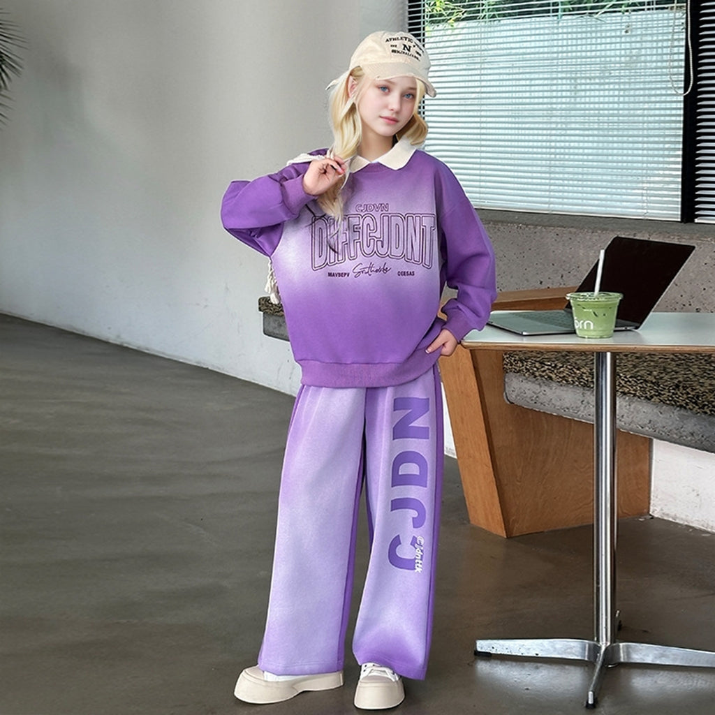Girls Purple Typographic Printed Winter Sweatshirt With Pants Sets 2 pc. Sets