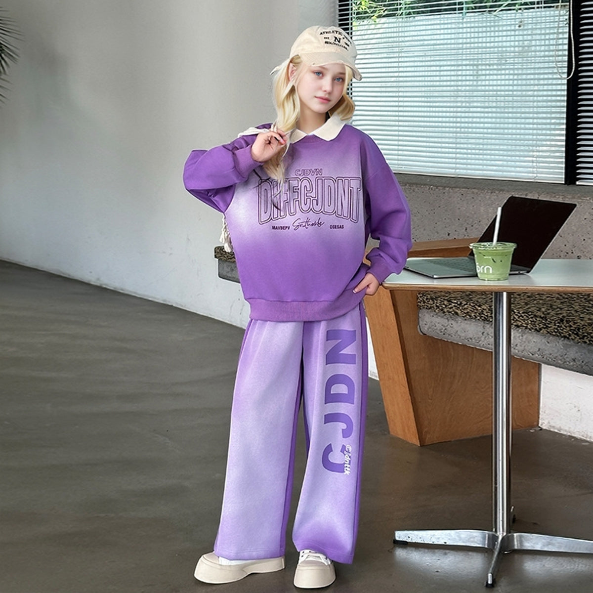 Girls Purple Typographic Printed Winter Sweatshirt With Pants Sets 2 pc. Sets