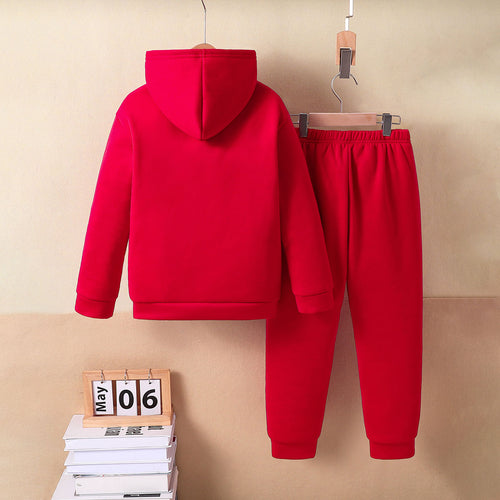 Boys Red Printed Hooded Sweatshirt with Joggers Set Sets