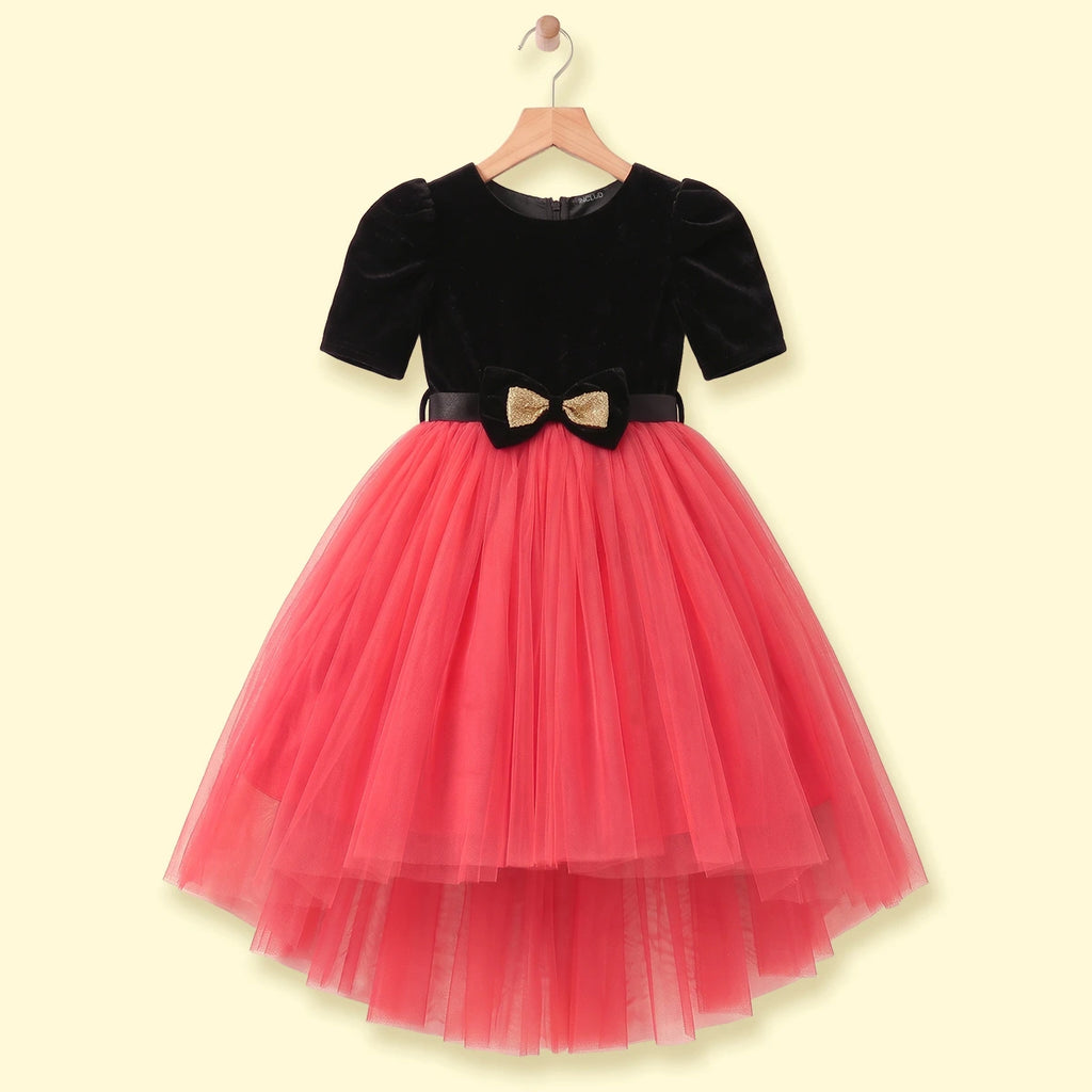 Girls black and pink high-low puff sleeve party dress