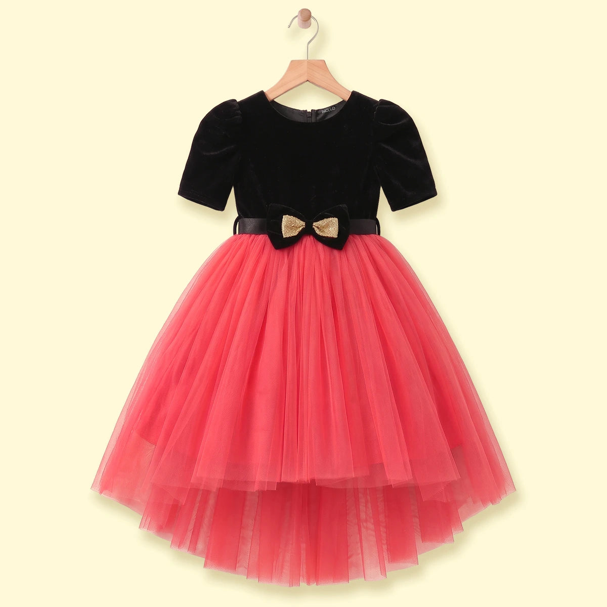 Girls black and pink high-low puff sleeve party dress