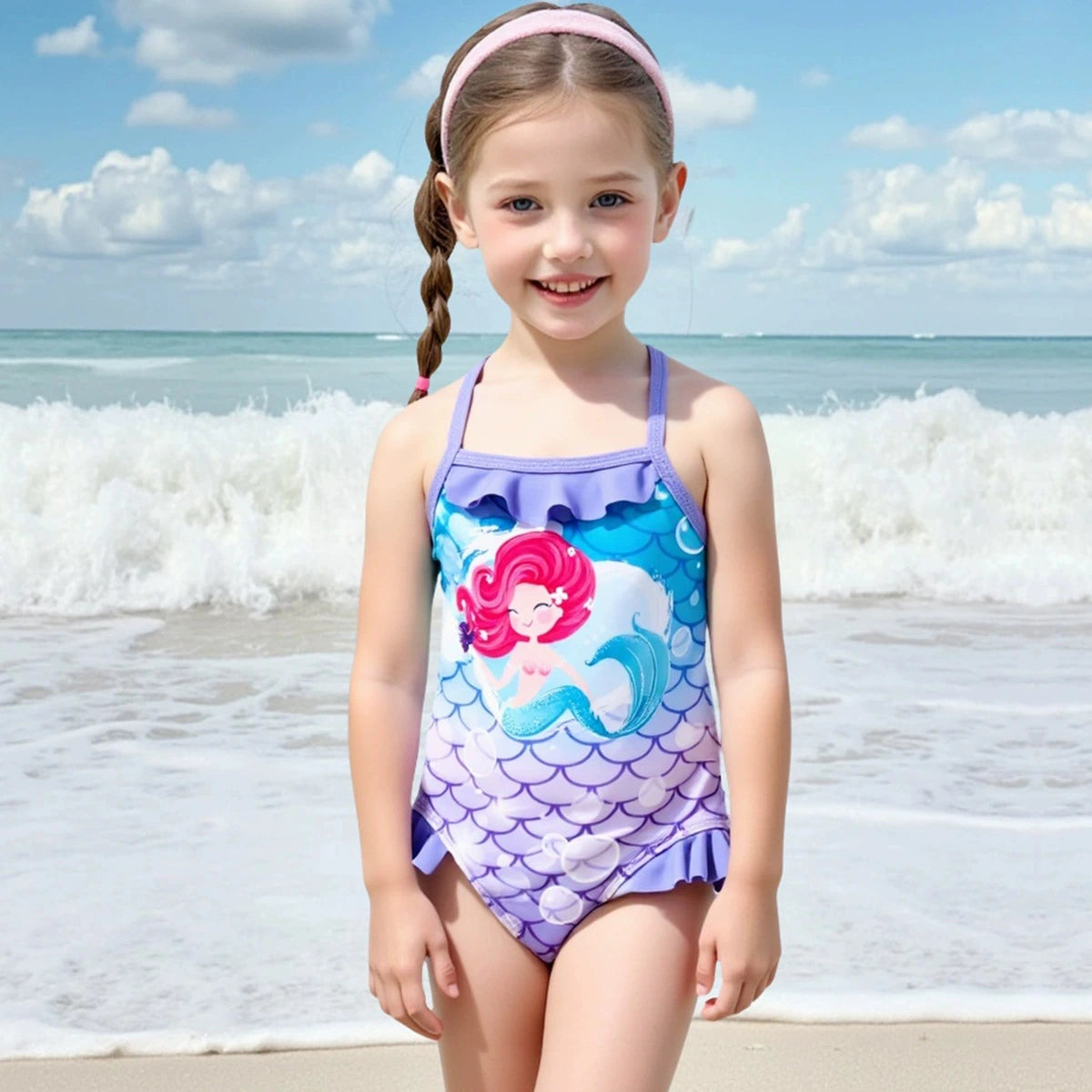 Girls Blue Mermaid Print Swimwear Bodysuit Beachwear