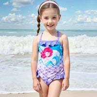 Girls Blue Mermaid Print Swimwear Bodysuit Beachwear