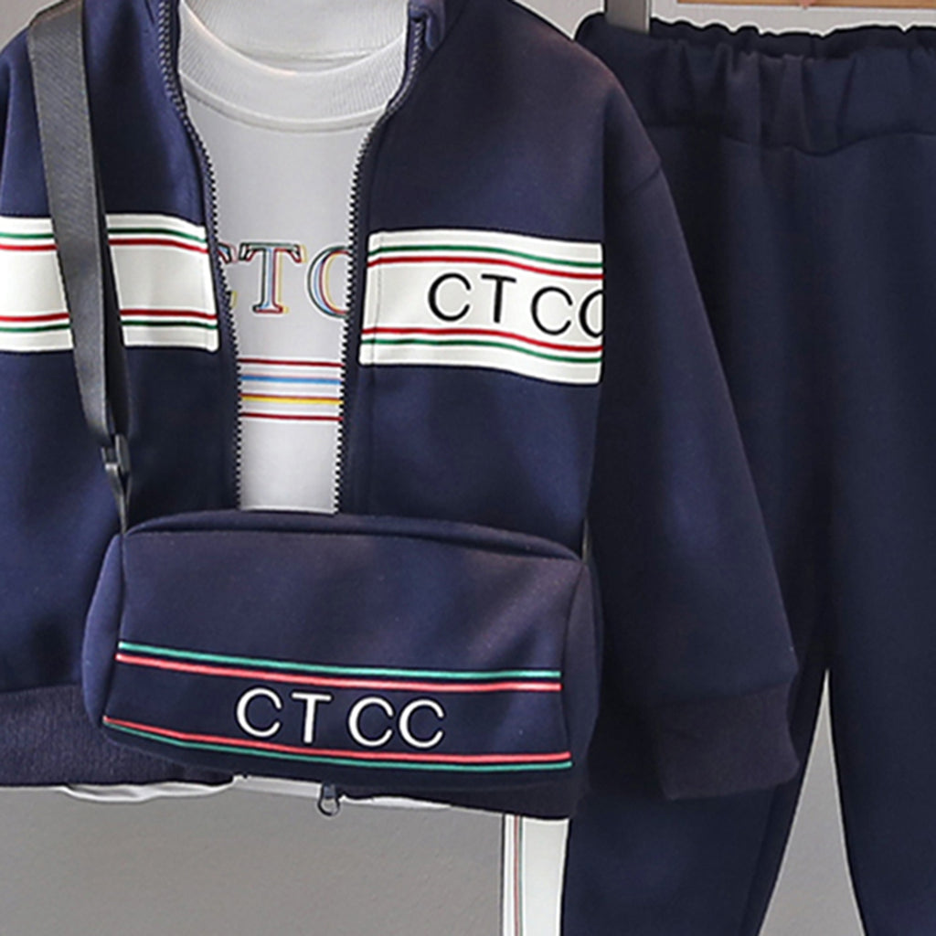 Boys Navy Blue Typographic Printed Sweatshirt With T-Shirt & Sling Bag & Pants Set Sets