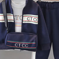 Boys Navy Blue Typographic Printed Sweatshirt With T-Shirt & Sling Bag & Pants Set Sets