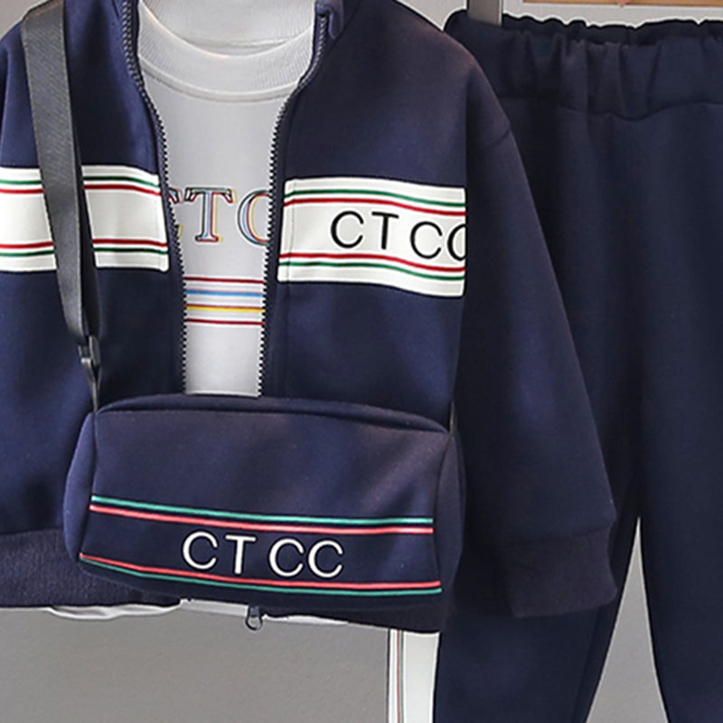 Boys Navy Blue Typographic Printed Sweatshirt With T-Shirt & Sling Bag & Pants Set Sets