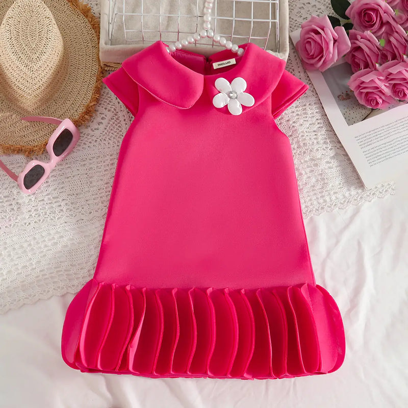 Girls Fuchsia Cap Sleeves A-line Dress With Ruffled Hem Party Dresses Fuchsia 2-3 Y