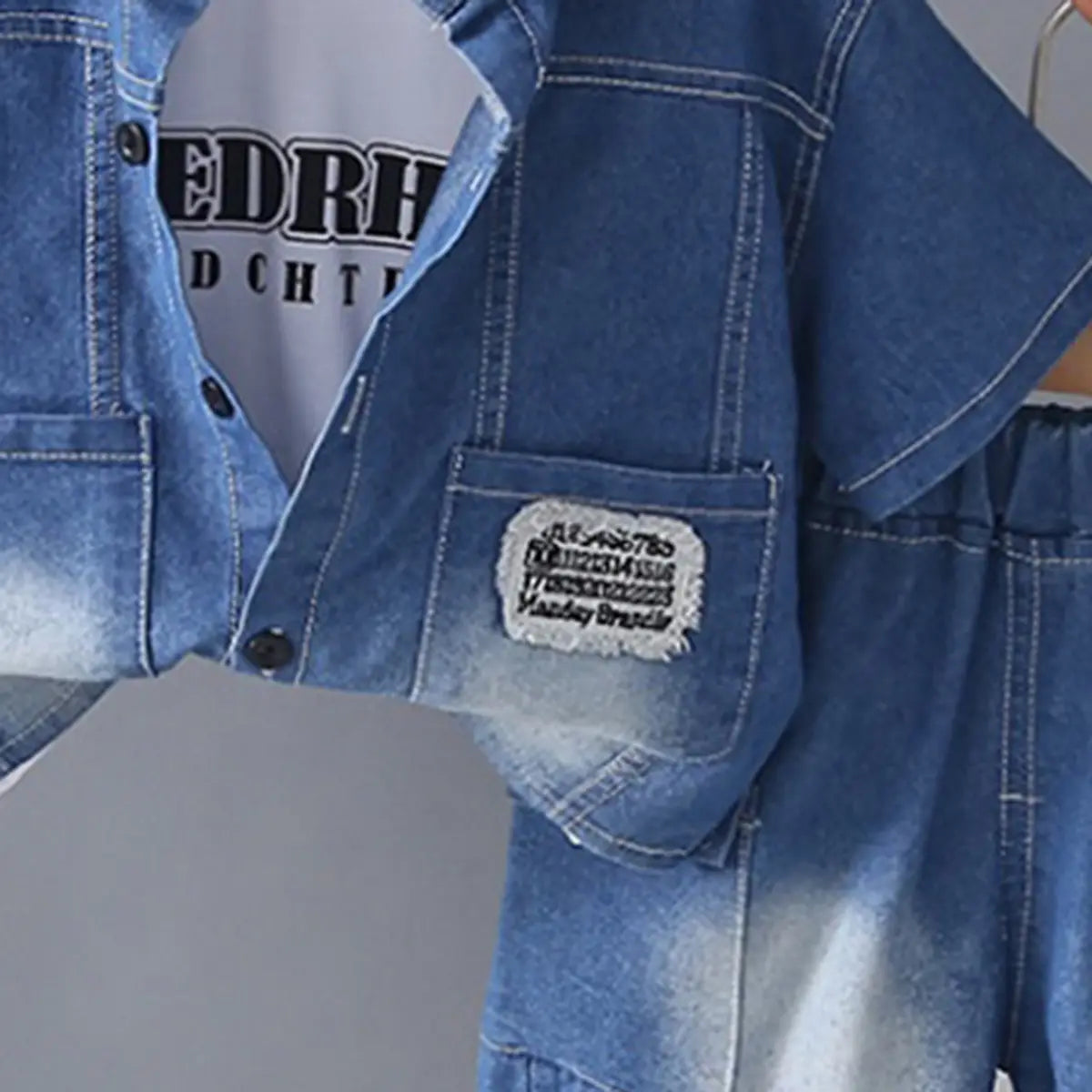 Boys Blue Denim Shirt & Shorts With Printed T-Shirt Sets Sets