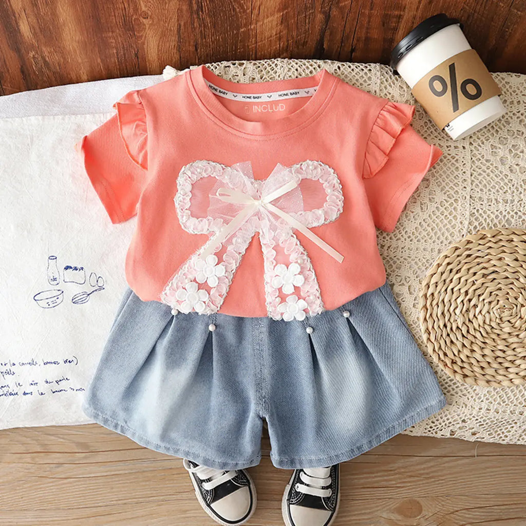 Girls Peach Bow Applique Flutter Sleeve Top With Denim Shorts Sets 2 pc. Sets Peach 1-2 Y