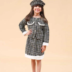 Girls Black Texture Crop Length Jacket With Skirt & Hat Set Sets
