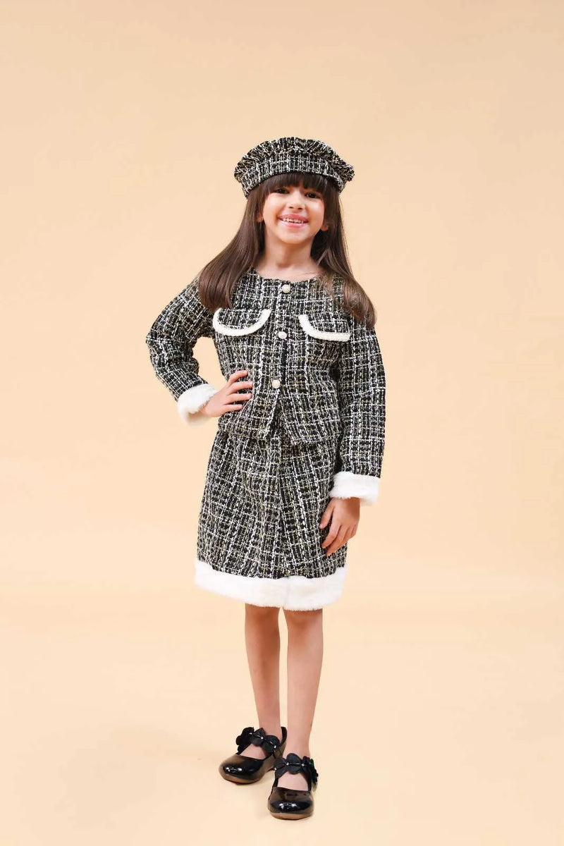 Girls Black Texture Crop Length Jacket With Skirt & Hat Set Sets