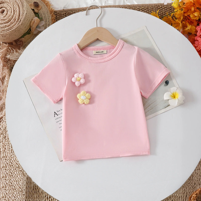 Girls Pink Flowers Applique Short Sleeves Top With Denim Shorts Set Sets