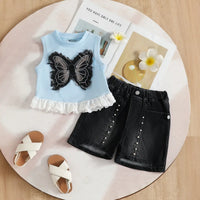 Girls Light Blue Butterfly Applique Sleeveless Top With Embellished Denim Shorts Set Sets Light Blue 2-3 Y