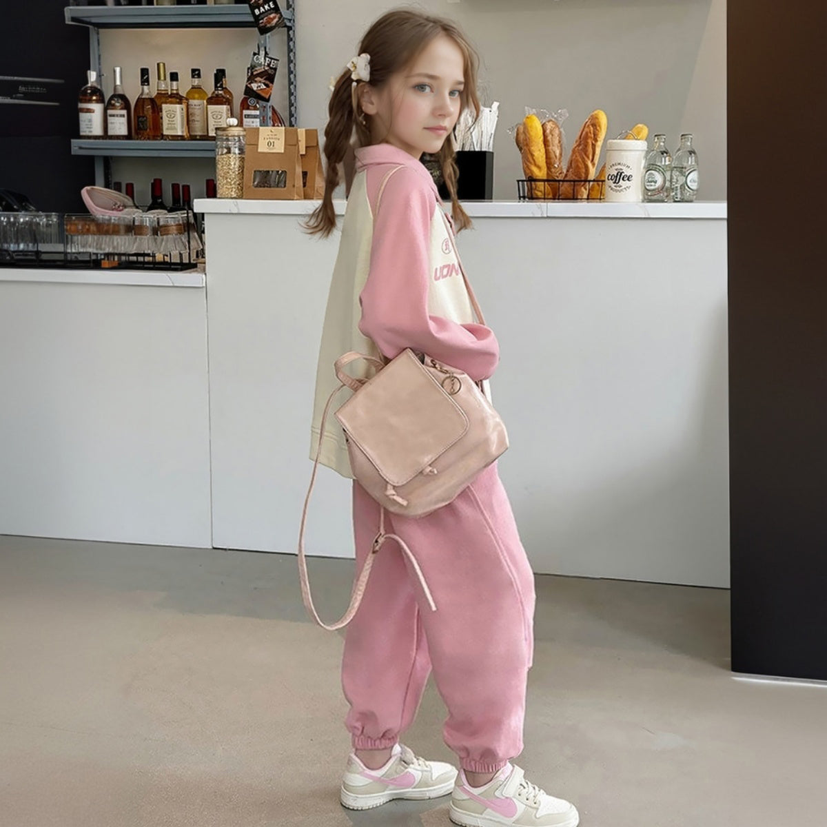Girls Pink Typographic Printed Collared Sweatshirt With Jogger Set 2 pc. Sets