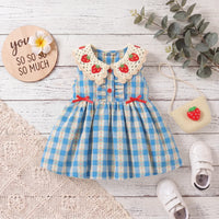 Girls Blue Strawberry Peter Pan Collar Balloon Dress With Bag Casual Dresses Blue 1-2 Y