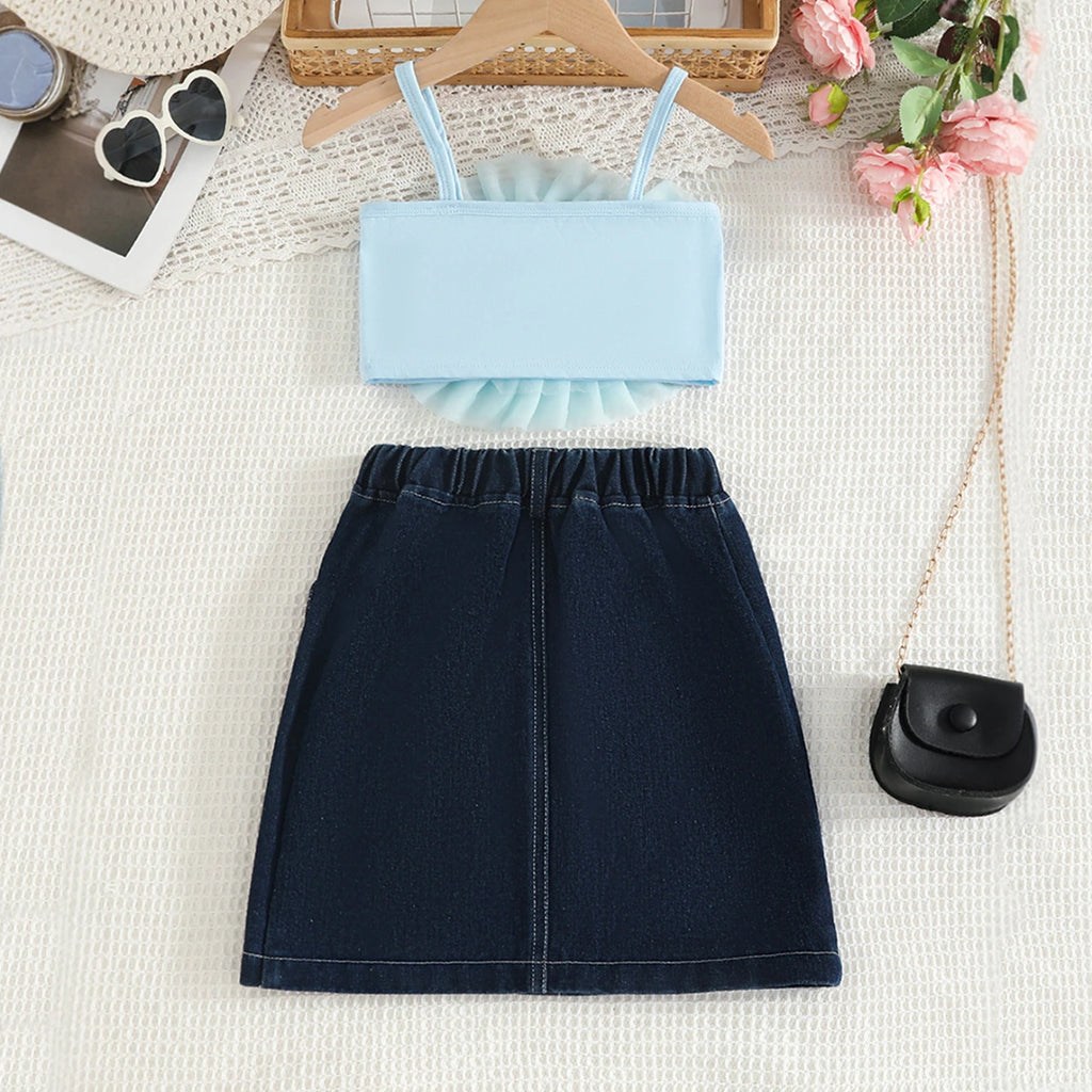 Girls Sky Blue 3D Flower Applique Crop Top With Denim Skirts Set Sets