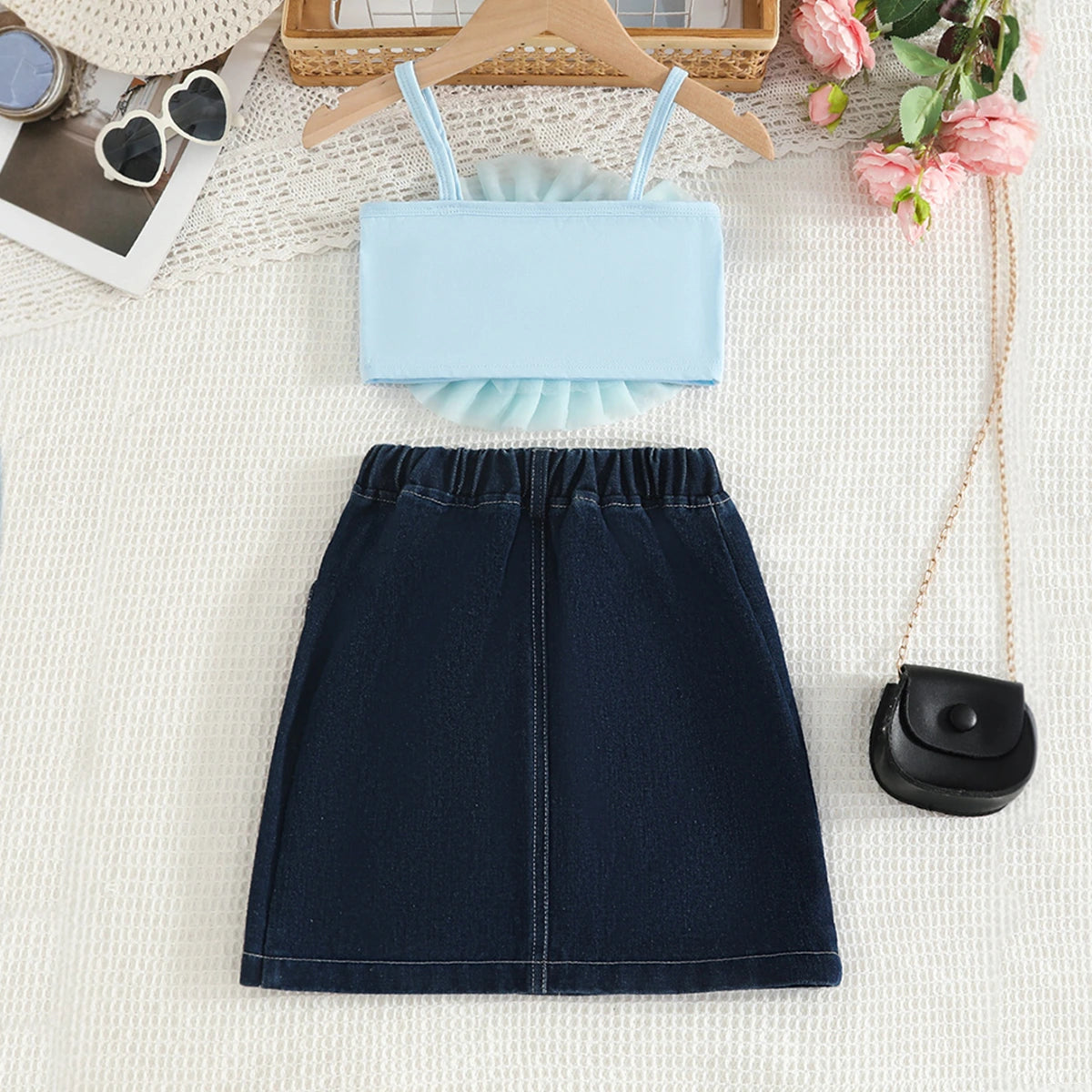 Girls Sky Blue 3D Flower Applique Crop Top With Denim Skirts Set Sets