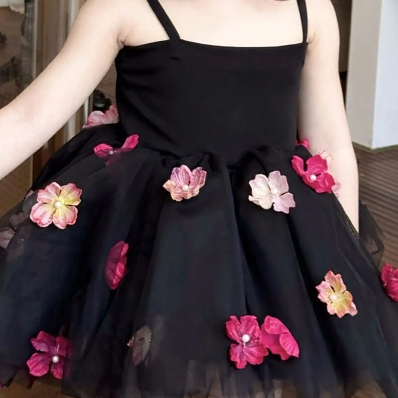 Girls Black Flower Applique Tulle-Overlay Fit And Flare Dress Casual Dresses