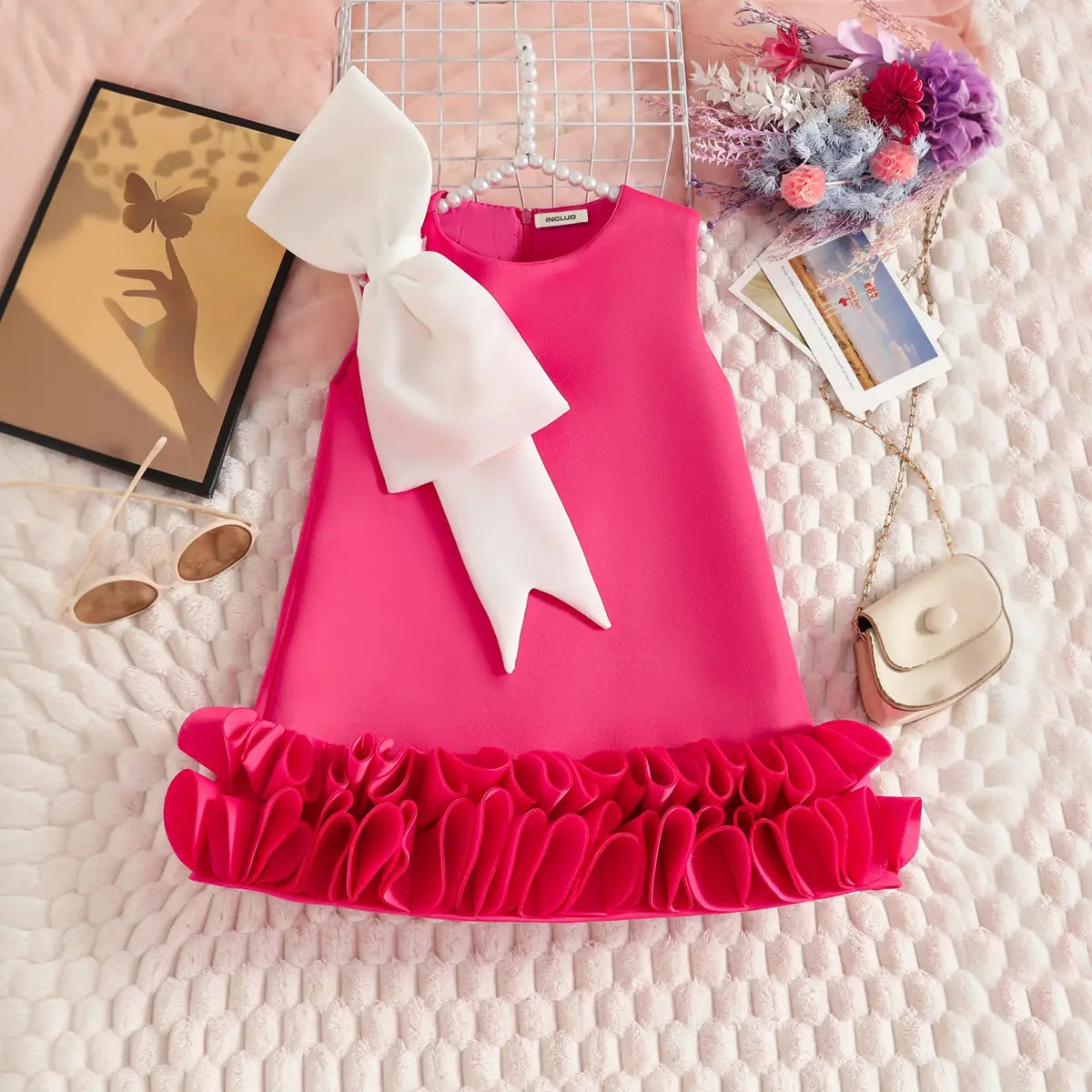 Girls Fuchsia Sleeveless A-line Party Wear Dress With Bow Applique Party Dresses Fuchsia 2-3 Y