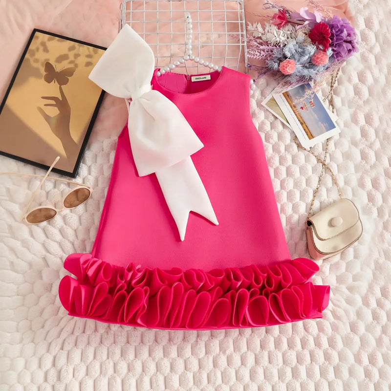 Girls Fuchsia Sleeveless A-line Party Wear Dress With Bow Applique Party Dresses Fuchsia 2-3 Y