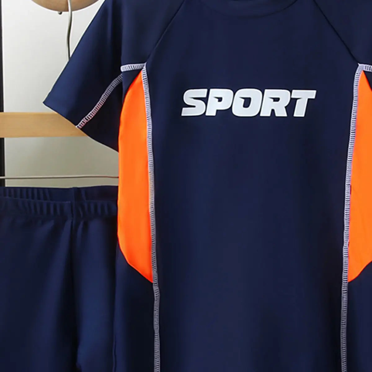 Boys Navy Blue Typographic Print T-Shirt With Shorts Swimwear Sets Beachwear