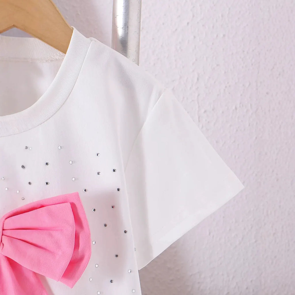 Girls White Embellished Short Sleeve T-Shirt With Pants Sets 2 pc. Sets