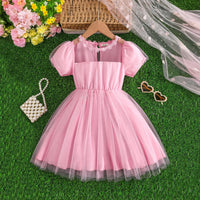 Girls Pink Tulle Overlay Fit & Flare Dress With Puff Sleeves Casual Dresses Pink 3-4 Y