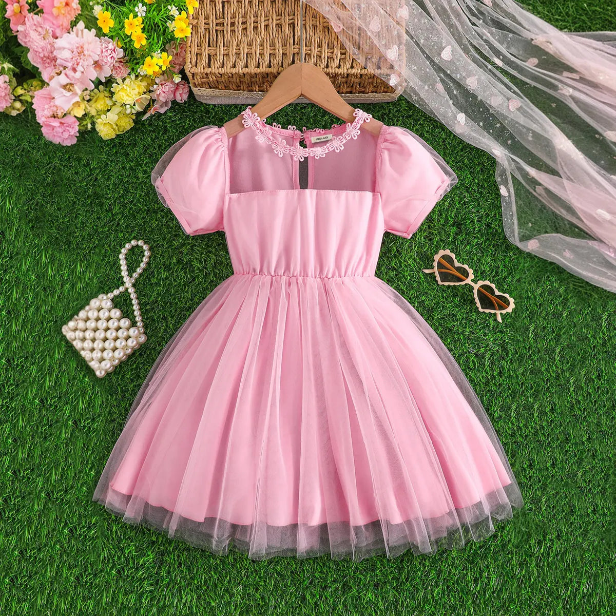 Girls Pink Tulle Overlay Fit & Flare Dress With Puff Sleeves Casual Dresses Pink 3-4 Y