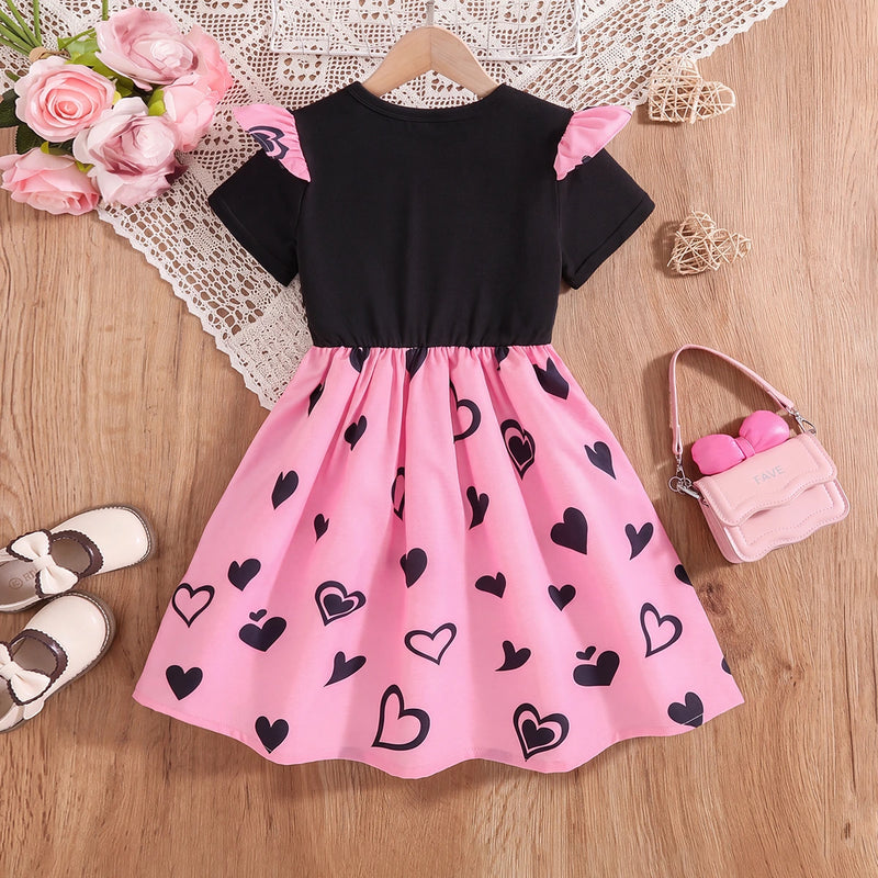 Girls Black Heart Print Short Sleeve Fit & Flare Dress Casual Dresses