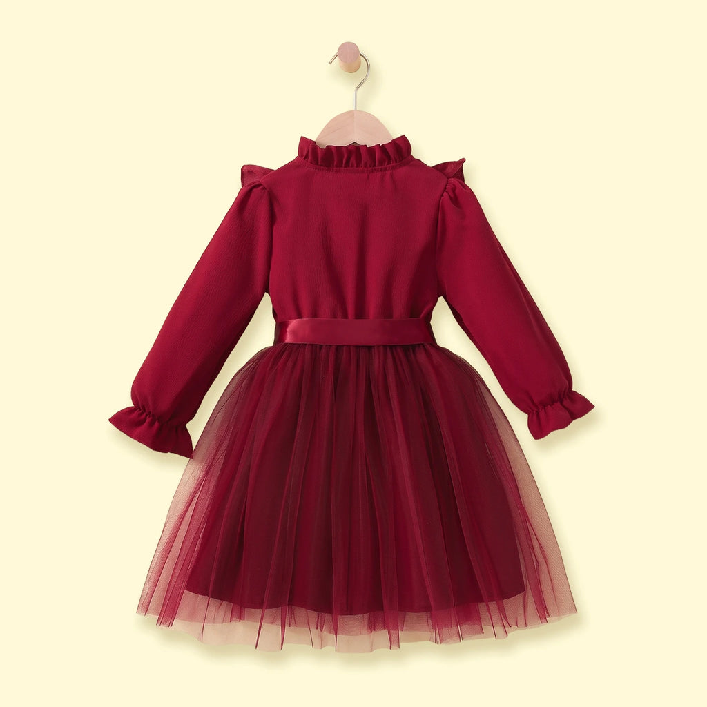 Girls Maroon Floral Print Long Sleeve Fit & Flare Dress Casual Dresses