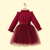 Girls Maroon Floral Print Long Sleeve Fit & Flare Dress Casual Dresses