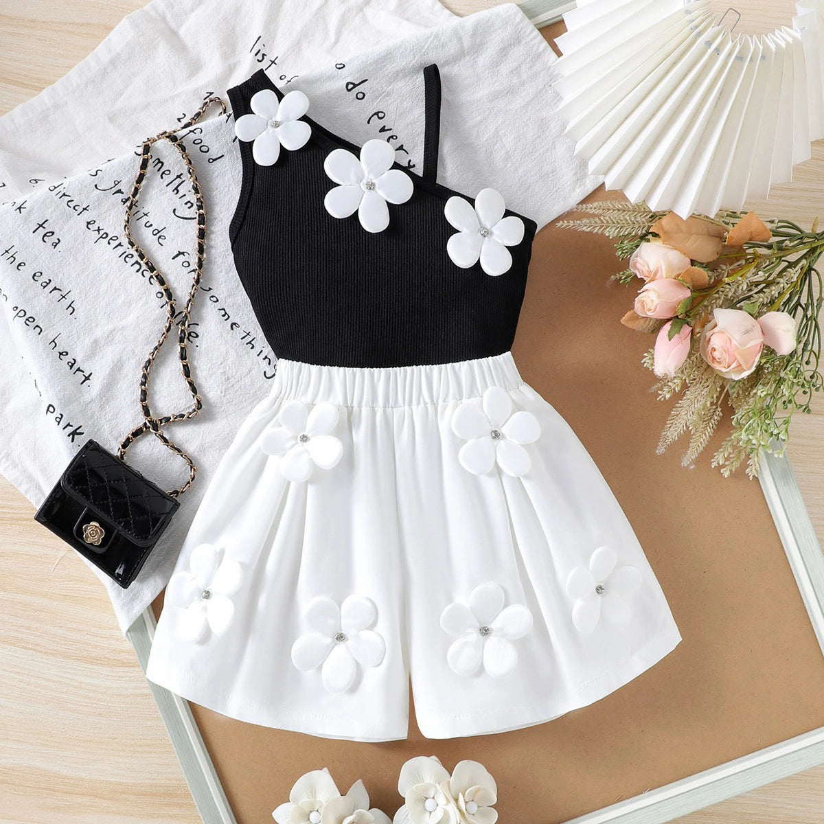 Girls Black Floral Applique One-Shoulder Top With Shorts Sets 2 pc. Sets Black 3-4 Y