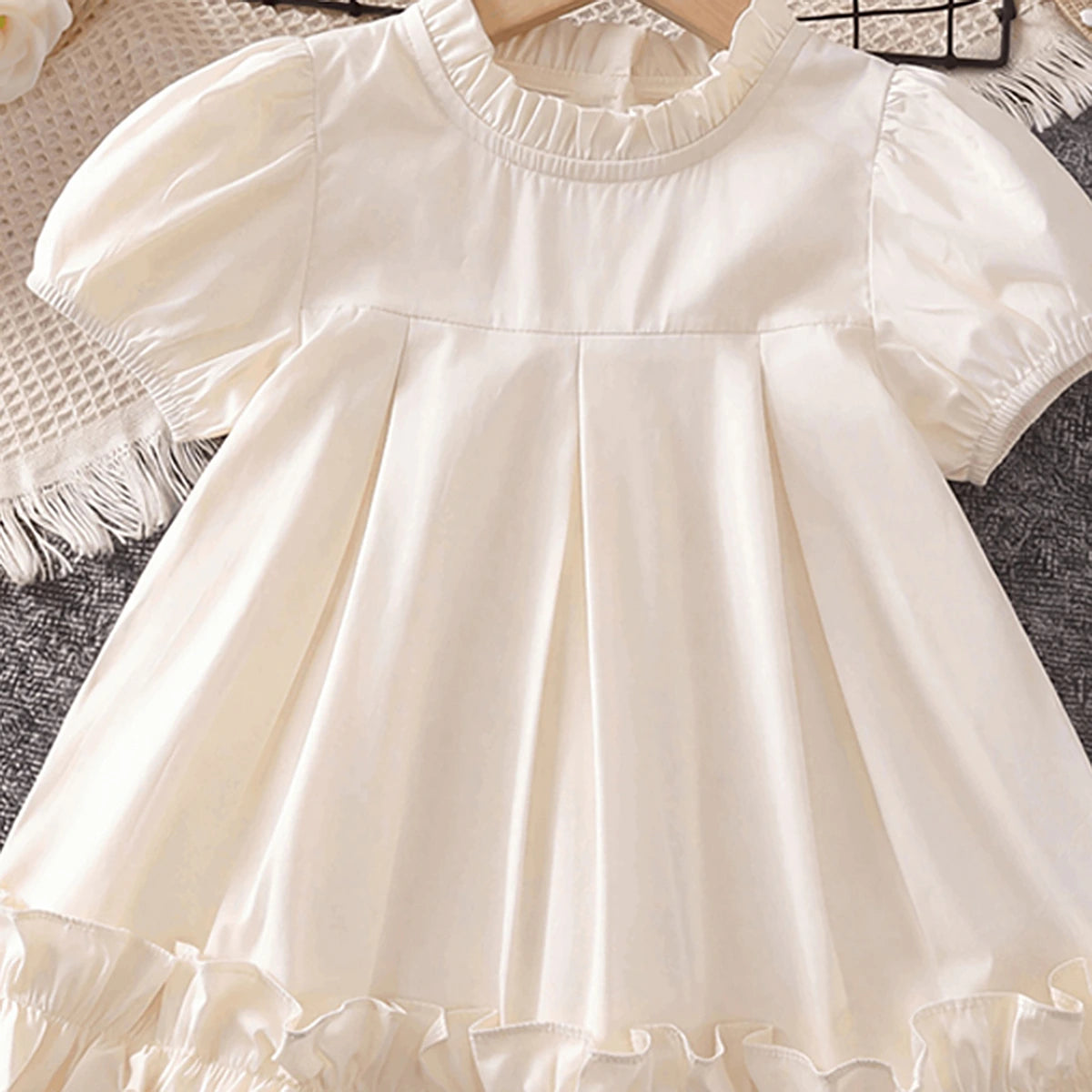 Girls Cream High-Neck Frilled Dress with Tiered Ruffle Hem Casual Dresses