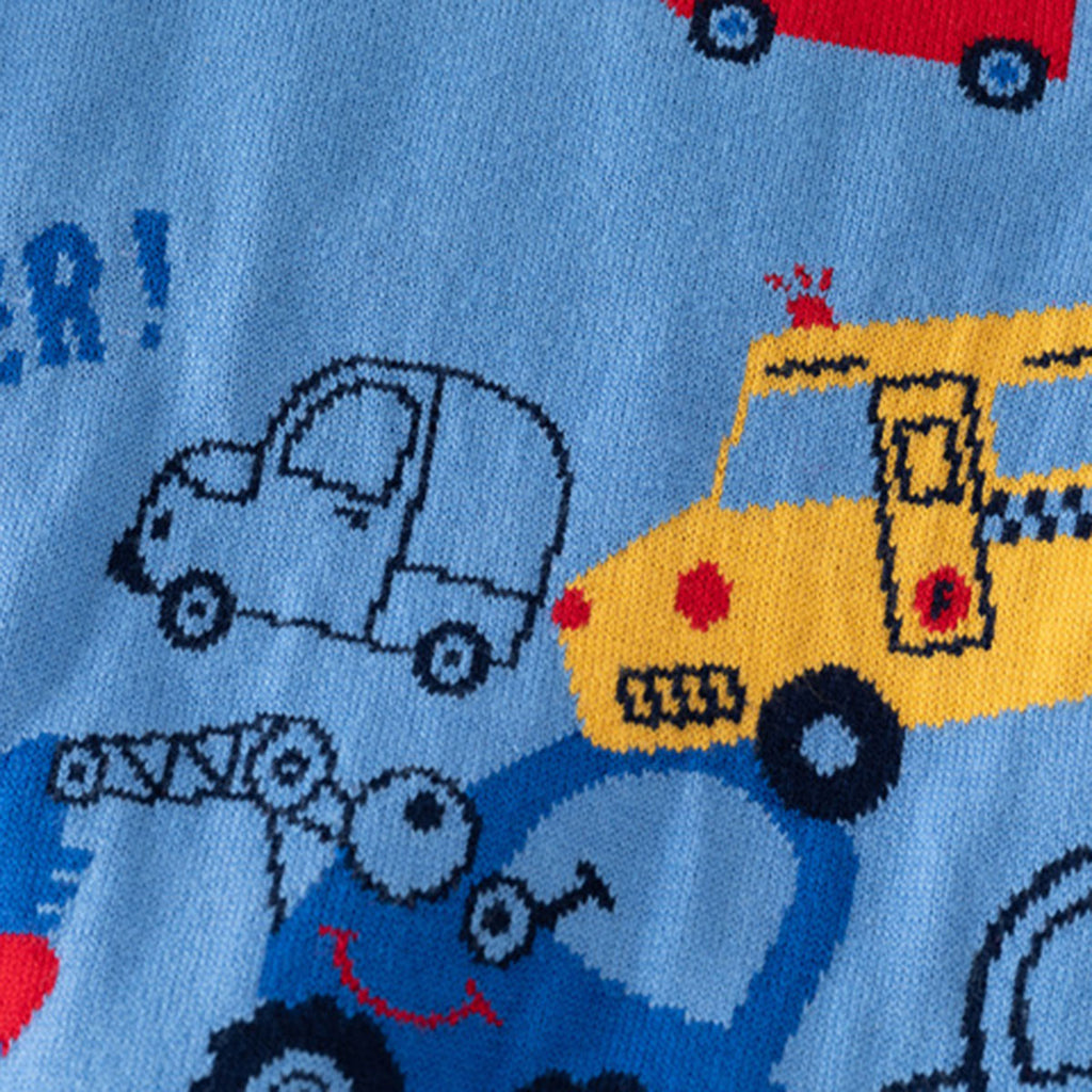 Boys Light Blue Regular Sweater With Self-Design Car Patterns Sweaters & Cardigans