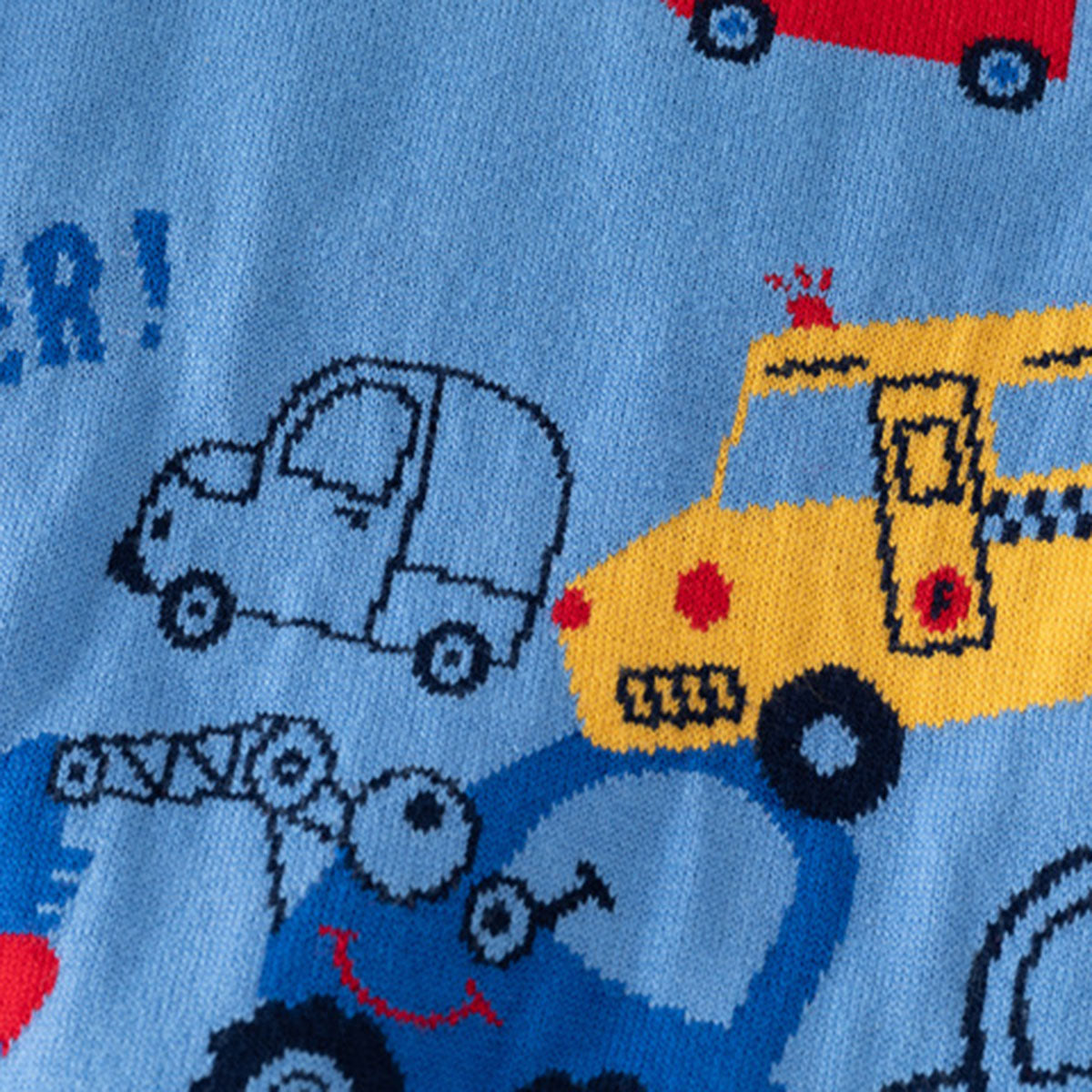 Boys Light Blue Regular Sweater With Self-Design Car Patterns Sweaters & Cardigans