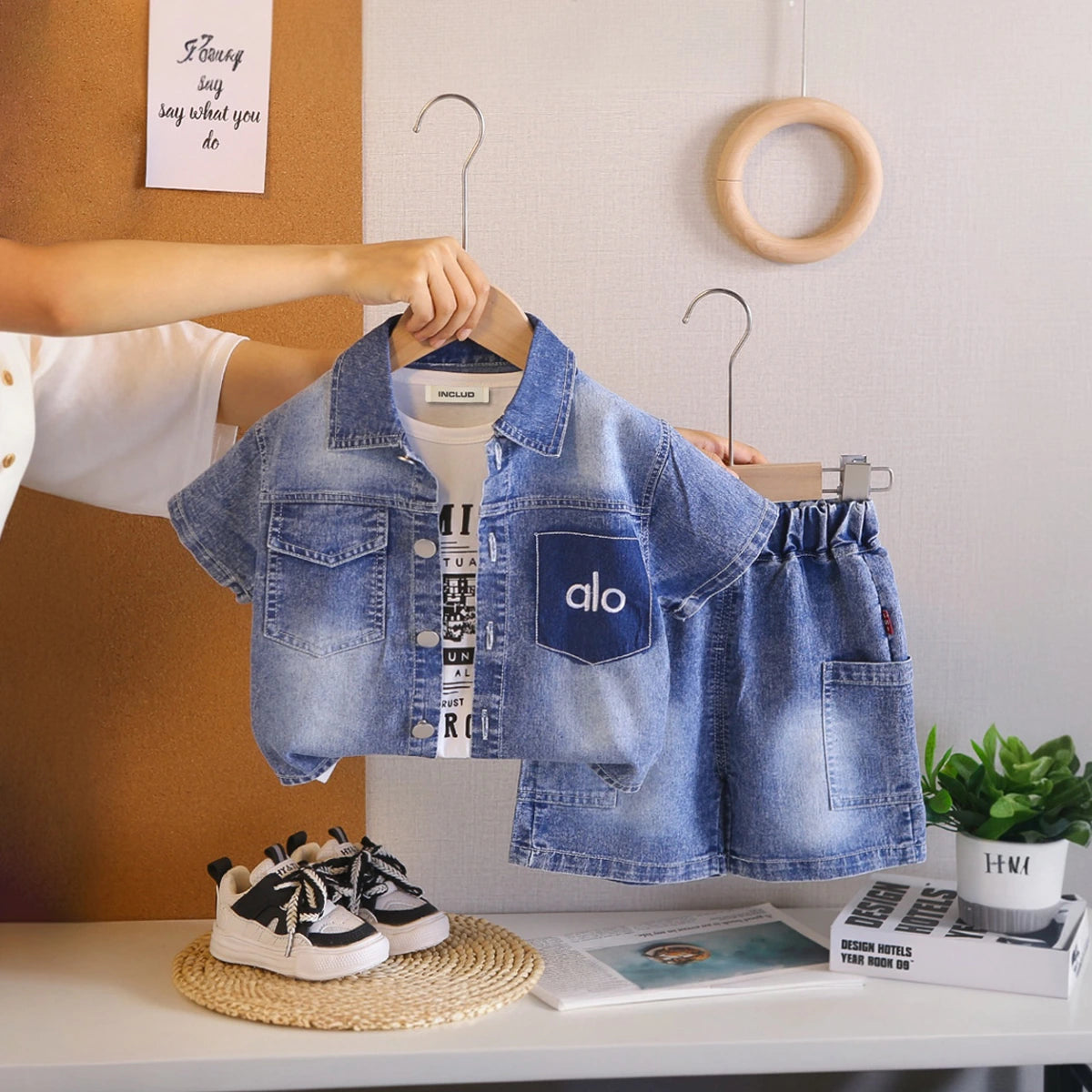 Boys Blue Denim Shirt & Shorts With Sleeveless T-Shirt Sets Sets Blue 1-2 Y