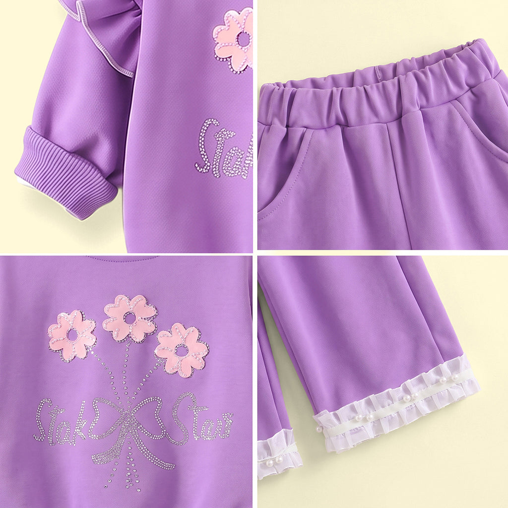 Girls Purple Embellished Sweatshirt & Pants Sets Sets