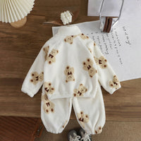 Girls White Fleece Teddy Bear Cartoon Printed Zip-up Jacket With Jogger Co-ord Sets Sets