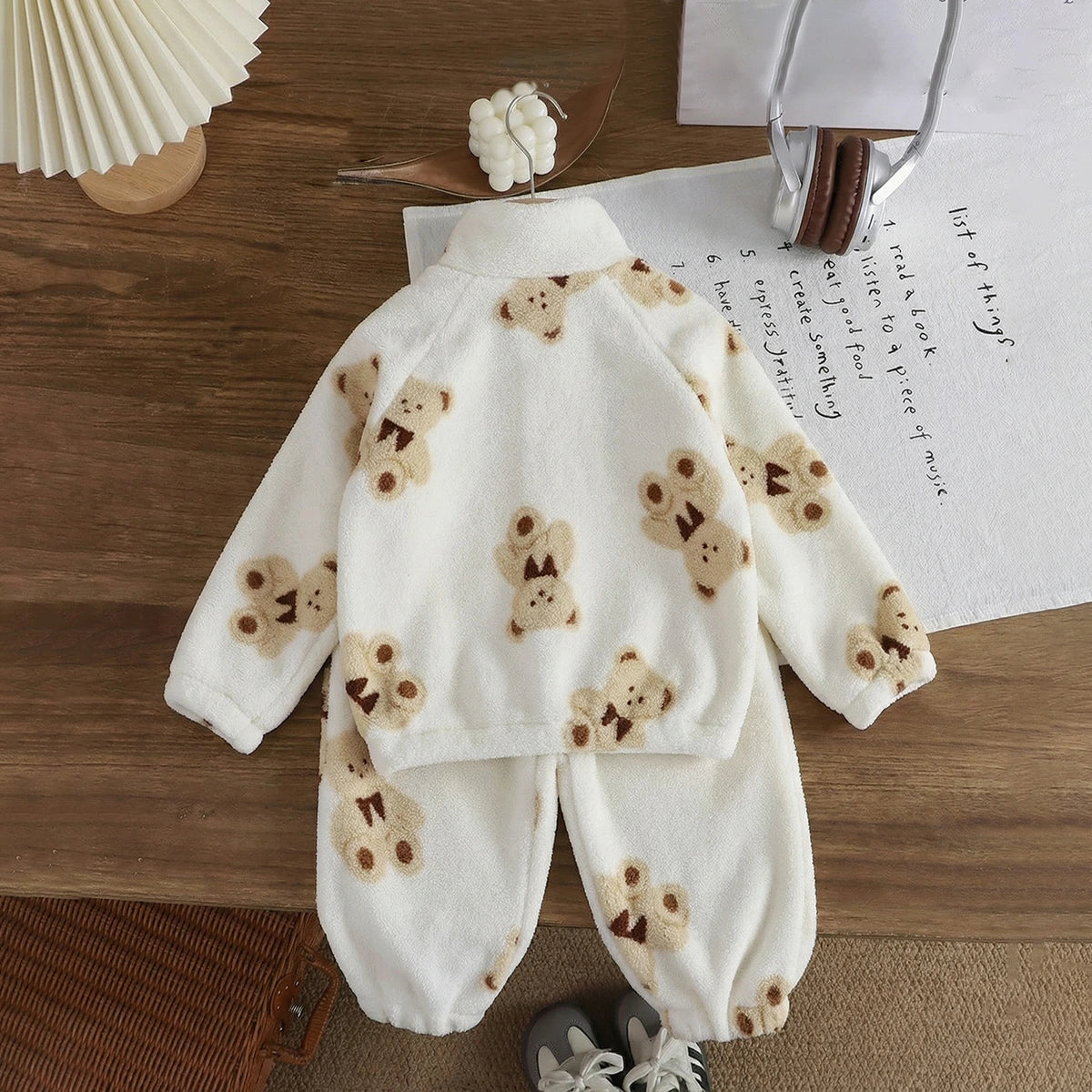 Girls White Fleece Teddy Bear Cartoon Printed Zip-up Jacket With Jogger Co-ord Sets Sets