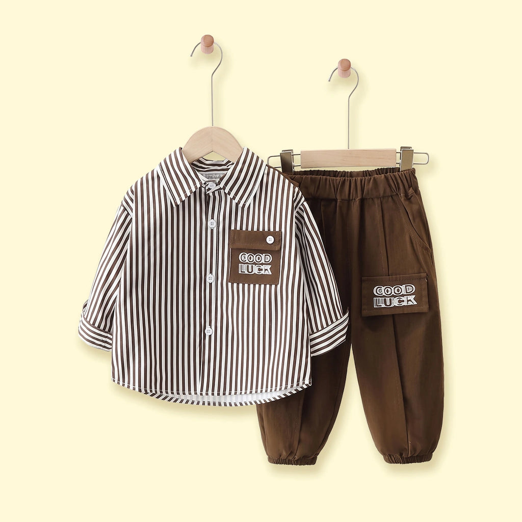 Boys Brown Striped Long Sleeve Shirt With Pants Sets 2 pc. Sets Brown 1-2 Y