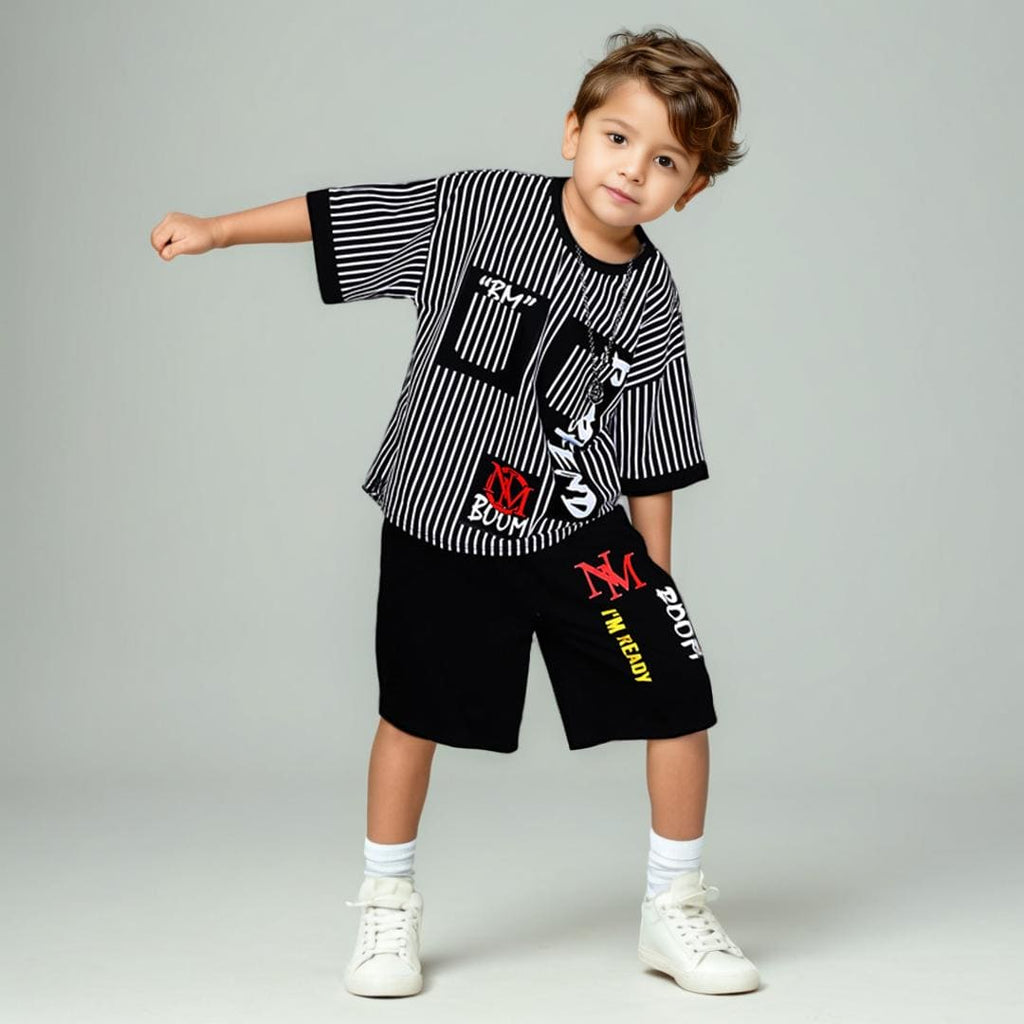 Boys Stripes High Low Bottom T-Shirt With Shorts Sets   