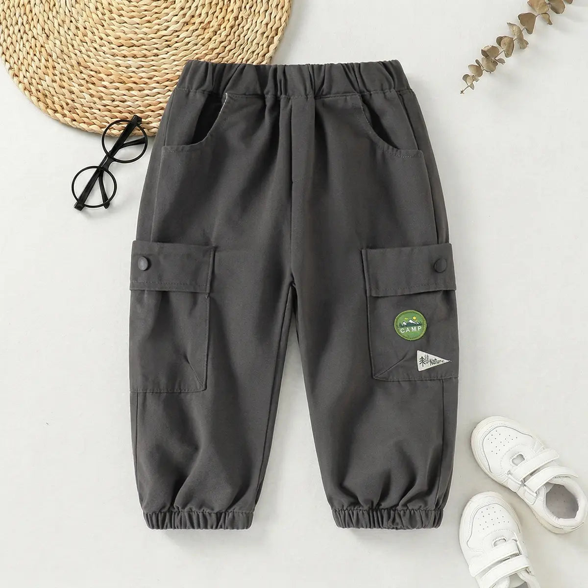 Boys Dark Grey Utility Cargo Pants With Elasticated Waistband Pants Dark Grey 1-2 Y